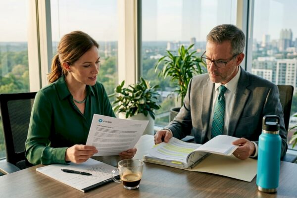 Publicist consulting attorney in law firm office