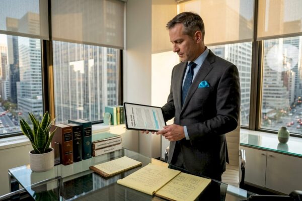 Attorney reviewing press release at corner office desk
