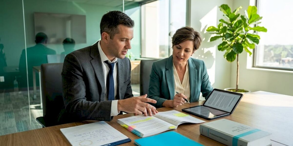 Legal and PR professionals collaborating in office