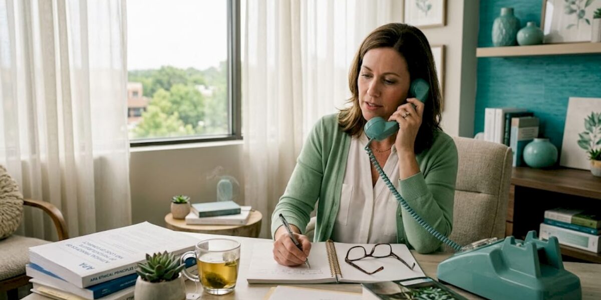 Psychologist on phone in sunlit office workspace