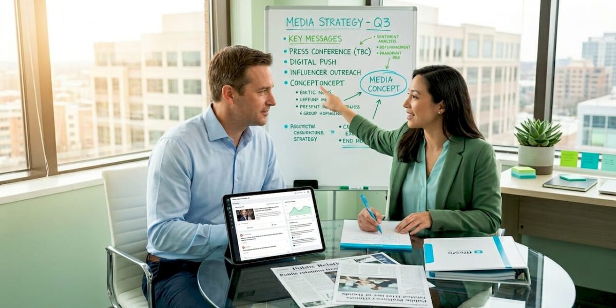 Attorney and PR consultant reviewing press coverage