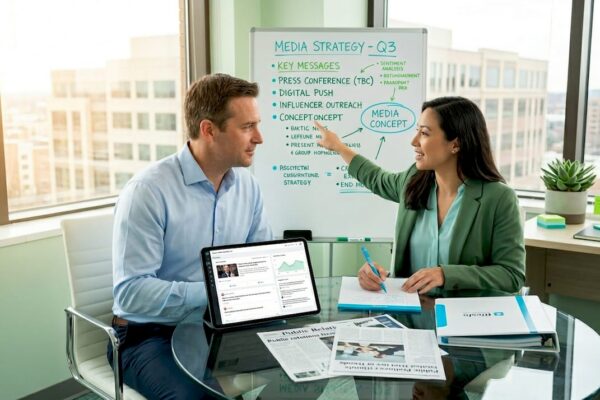 Attorney and PR consultant reviewing press coverage
