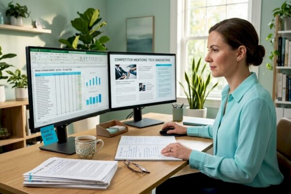 PR analyst reviewing media coverage results