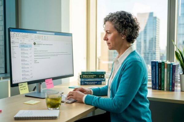 Psychologist answering media emails at desk