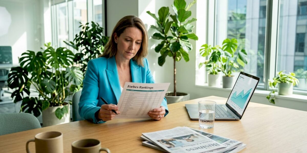 PR firm director reviewing Forbes ranking at conference table