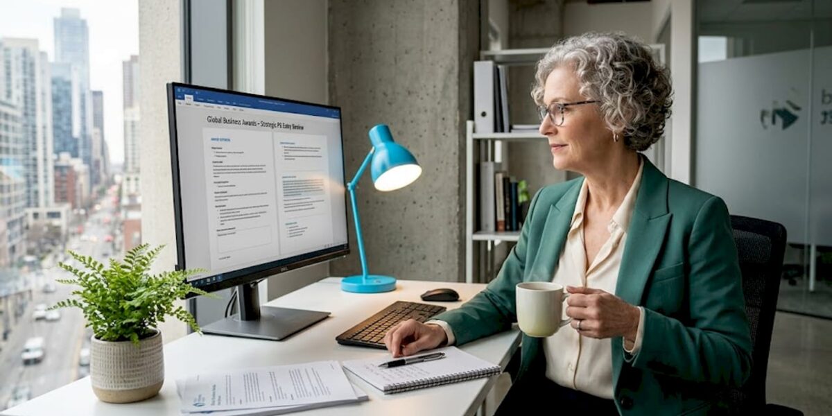 PR consultant reviewing award entries at desk