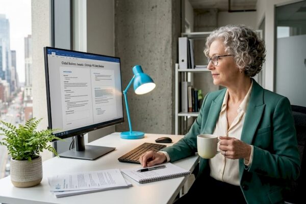 PR consultant reviewing award entries at desk