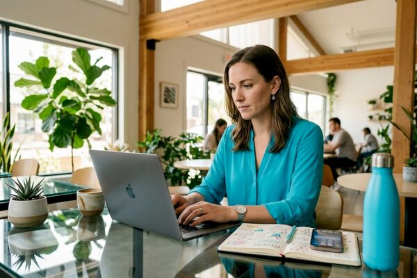 PR professional working in co-working office