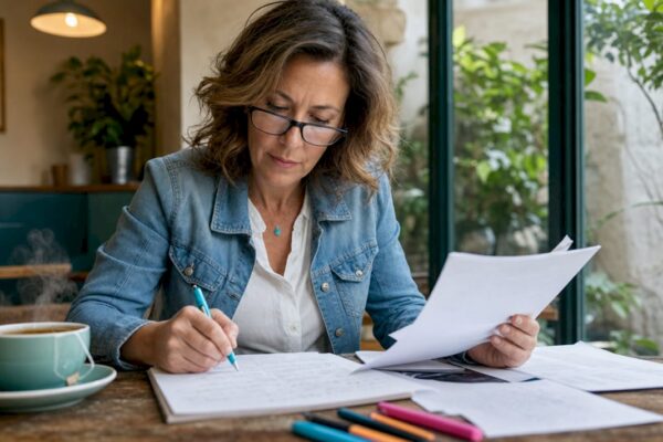 Psychologist reviewing research notes at desk
