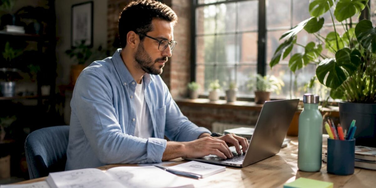 Public relations professional working at city office desk