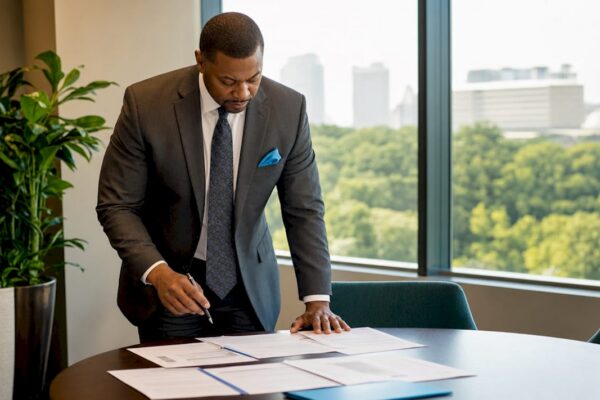 Attorney reviewing crisis communication documents