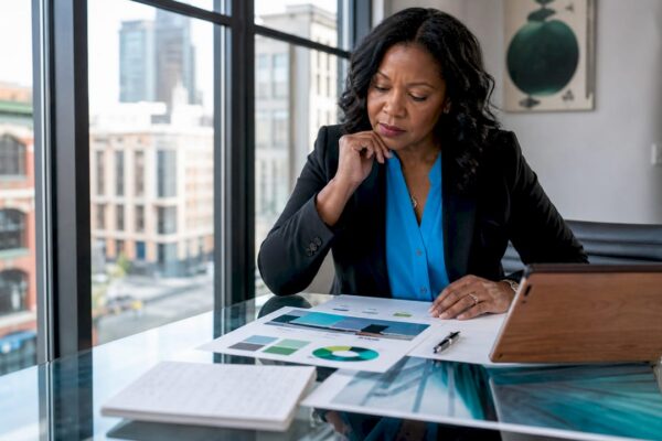 Law firm partner reviewing branding documents