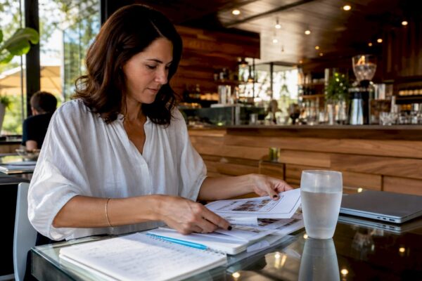 Woman in a light blouse reviews papers at a glass table in a cafe, with a notebook and a glass of water nearby.