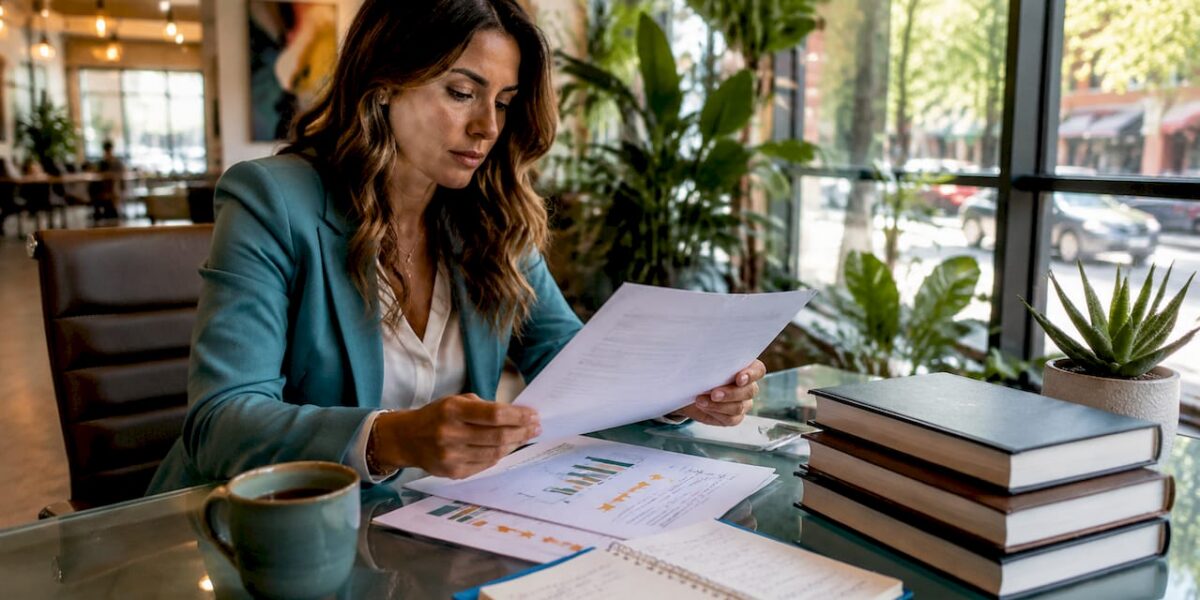 Marketing expert reviewing printed law firm reviews