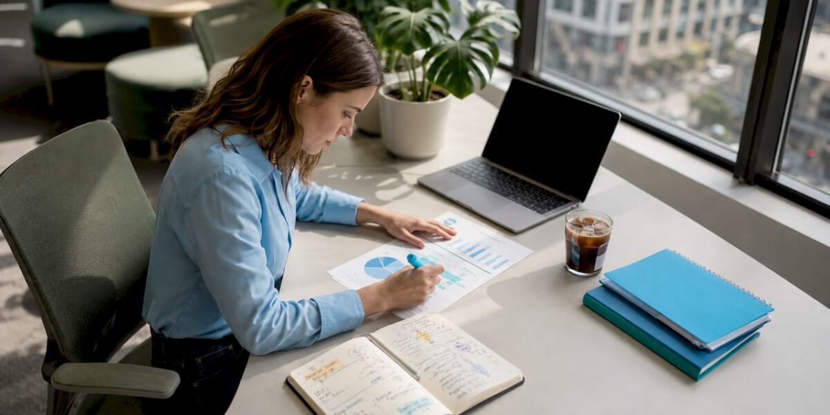 Media analyst reviewing legal media reports in office