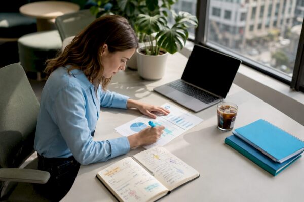 Media analyst reviewing legal media reports in office