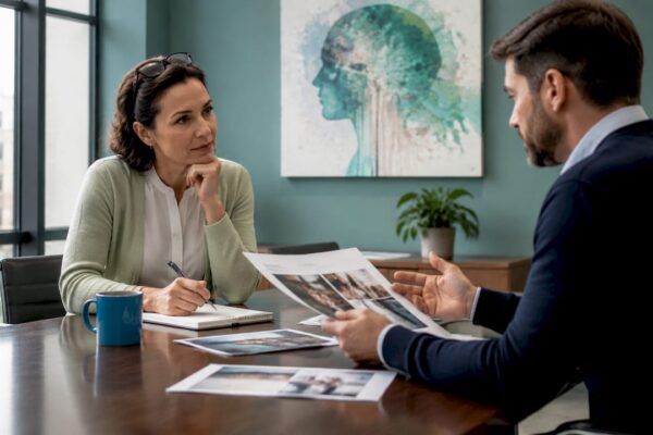Psychologist consulting PR professional in meeting room