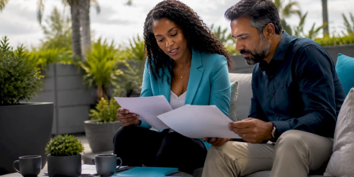 Attorney and publicist reviewing media strategy documents