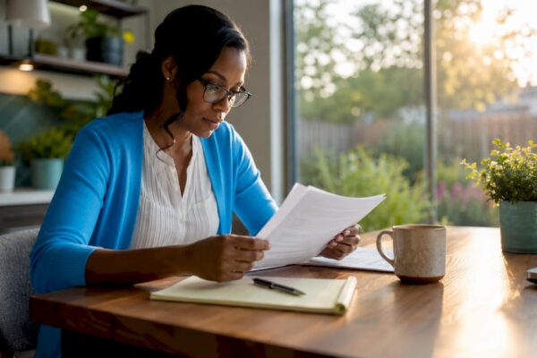 Woman reviewing legal documents at desk