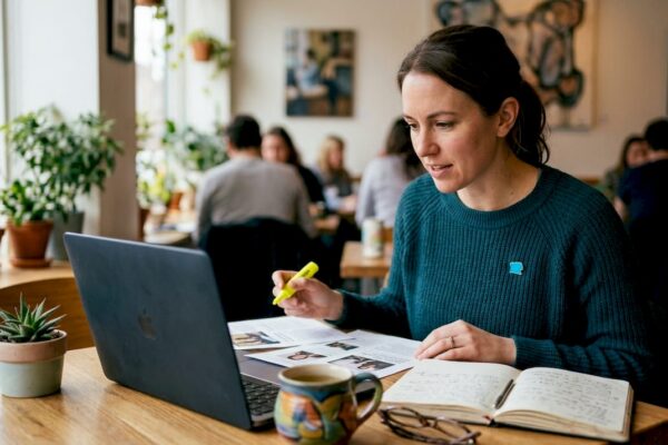 Mental health publicist reviewing media coverage