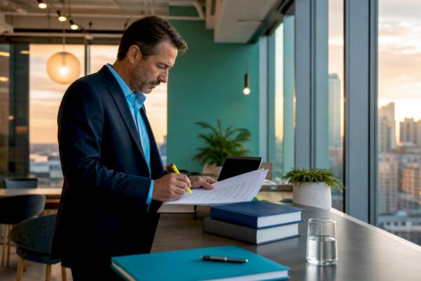 Attorney reviewing legal case files in office