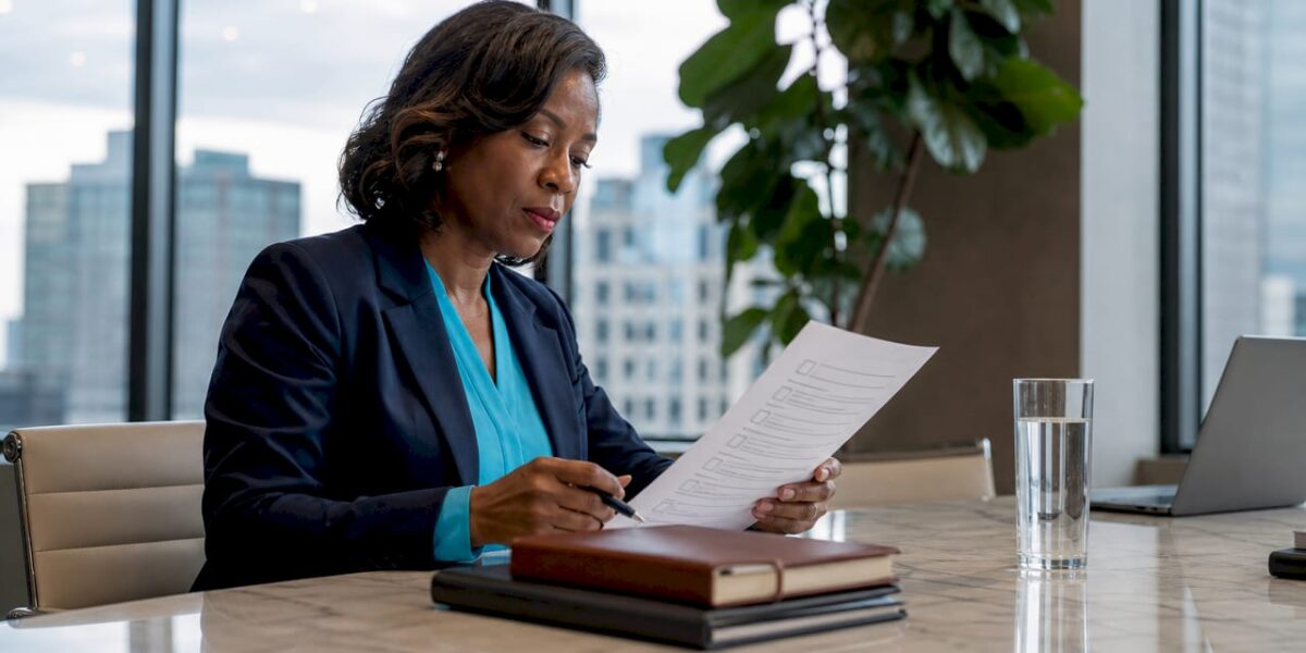 Defense lawyer reviewing media pitching checklist at table