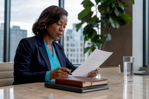 Defense lawyer reviewing media pitching checklist at table