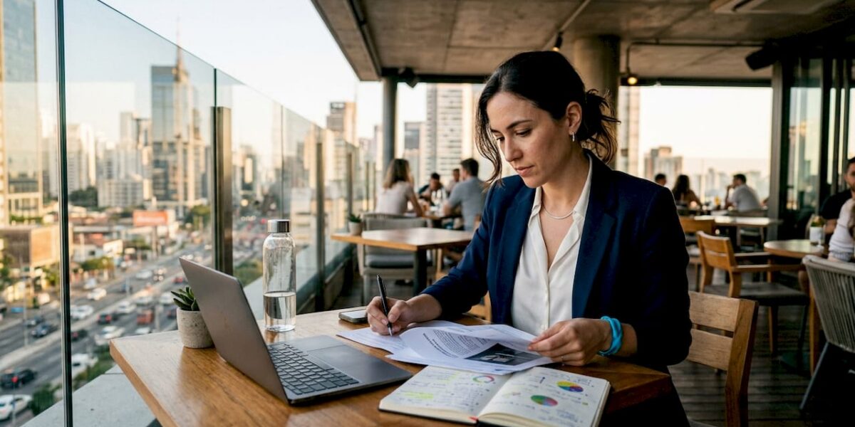 Legal PR professional reviewing media strategy documents