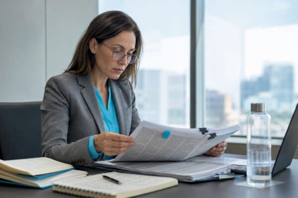 Female lawyer reviewing legal documents in office