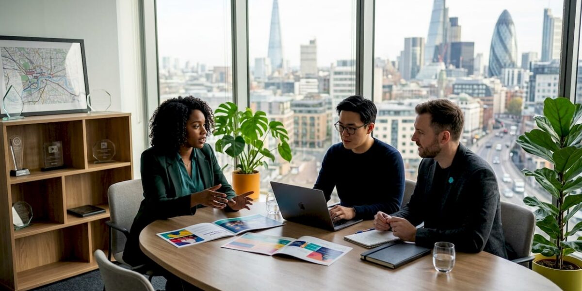 PR professionals collaborating on campaign planning around conference table