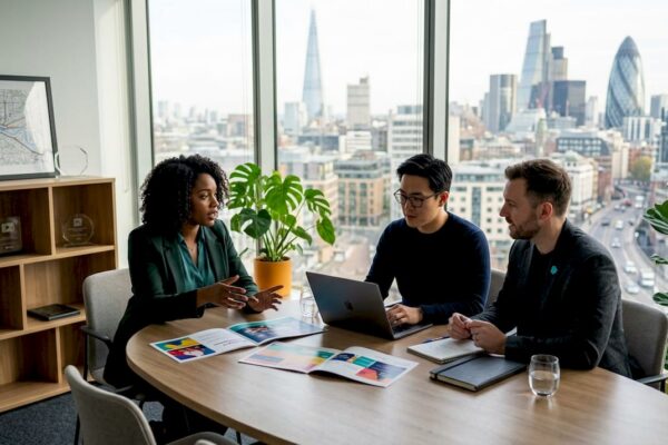 PR professionals collaborating on campaign planning around conference table