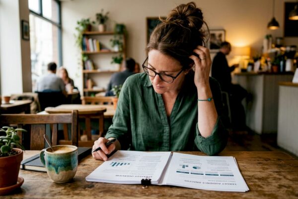 Media consultant reviewing psychologist strategy document