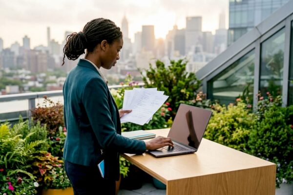 PR professional preparing pitch at desk