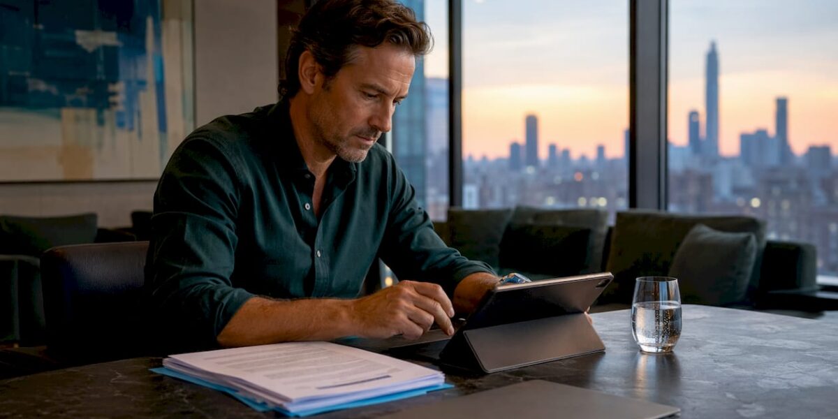 Attorney preparing public relations materials in office