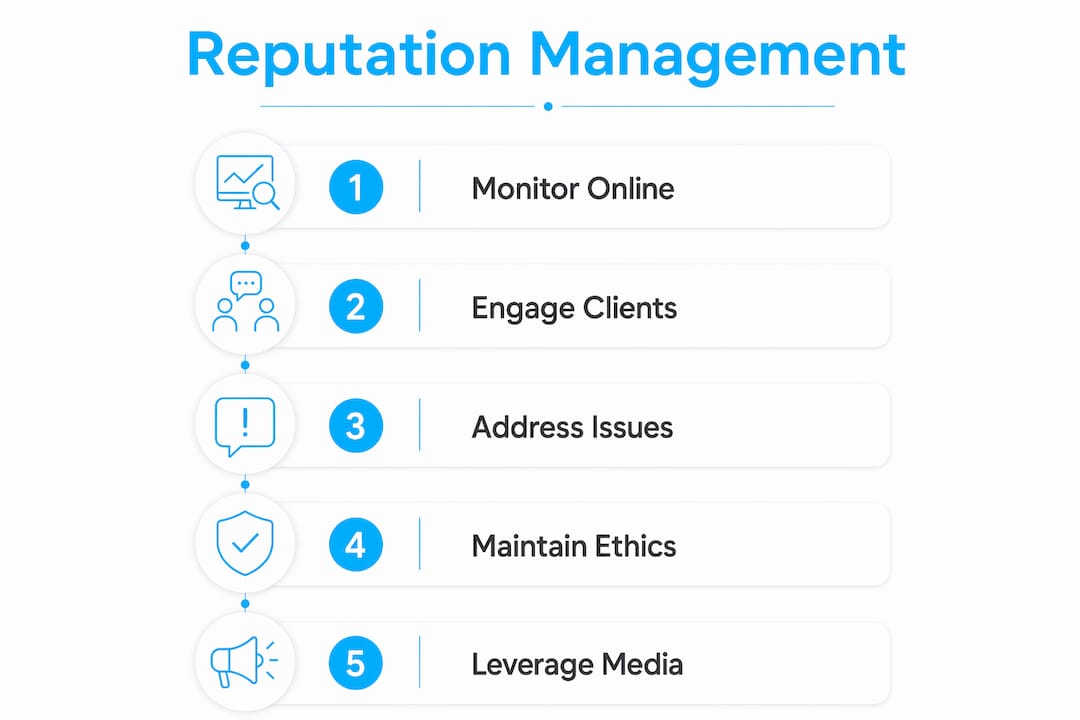 Infographic illustrating steps for managing attorney reputation