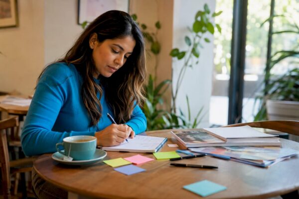 Person writing media pitch at home office desk