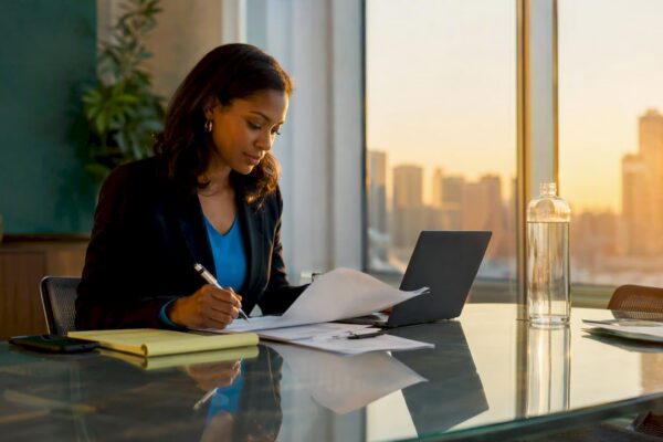 Attorney preparing legal news pitch at desk