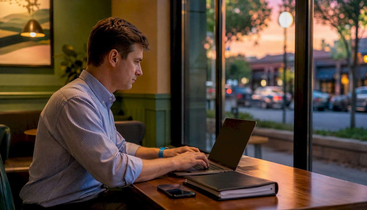 Hands typing email pitch on laptop keyboard
