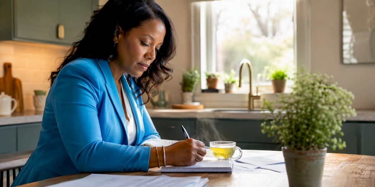 Woman typing an op-ed in home office