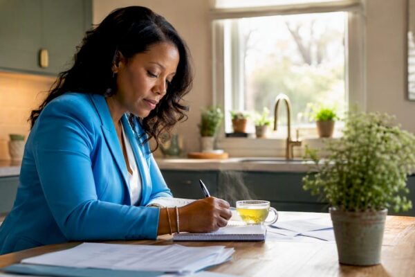 Woman typing an op-ed in home office