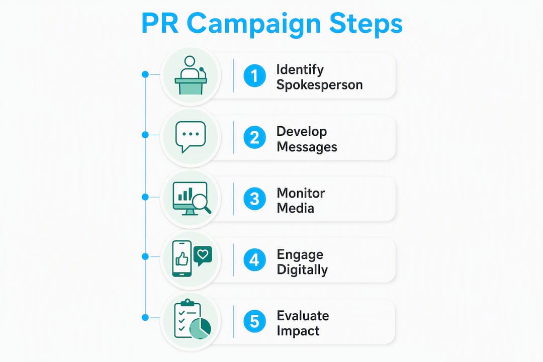 Infographic outlining steps in a criminal defense PR campaign