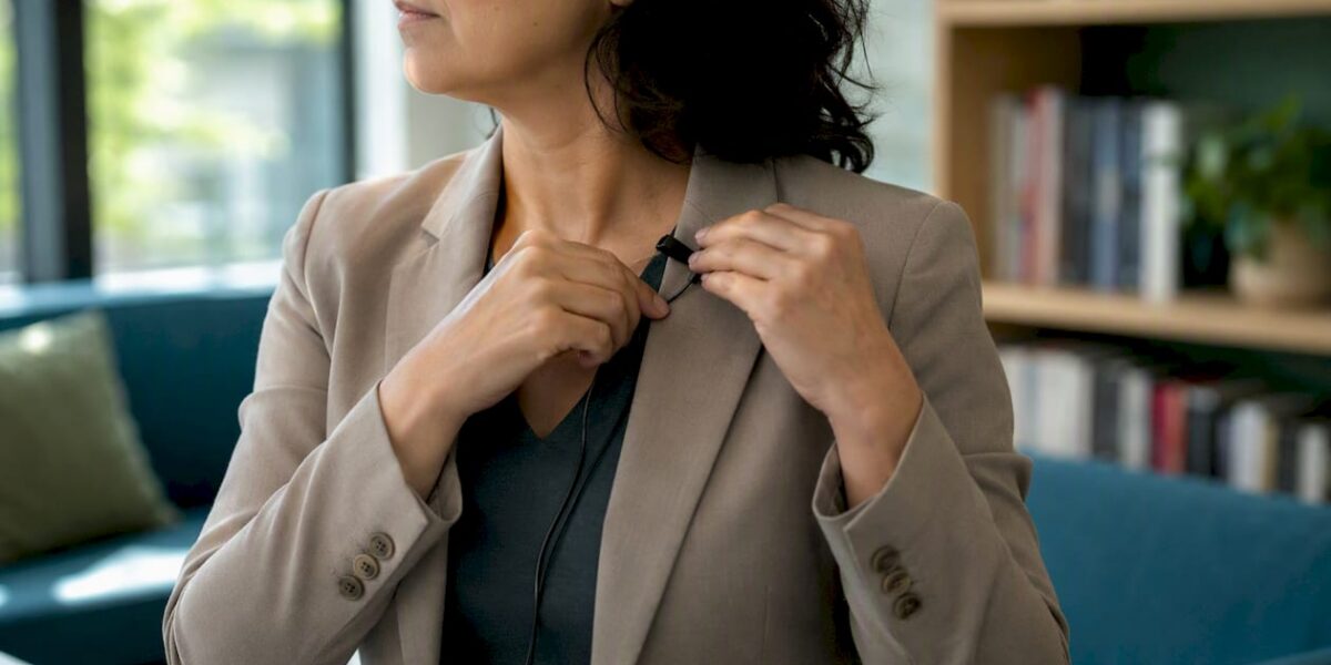 Psychologist adjusting lapel microphone pre-interview