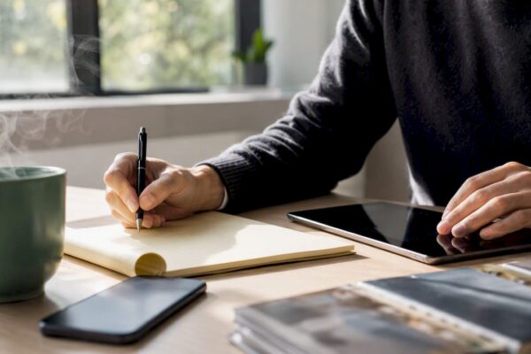 Hands preparing legal PR strategy at office table