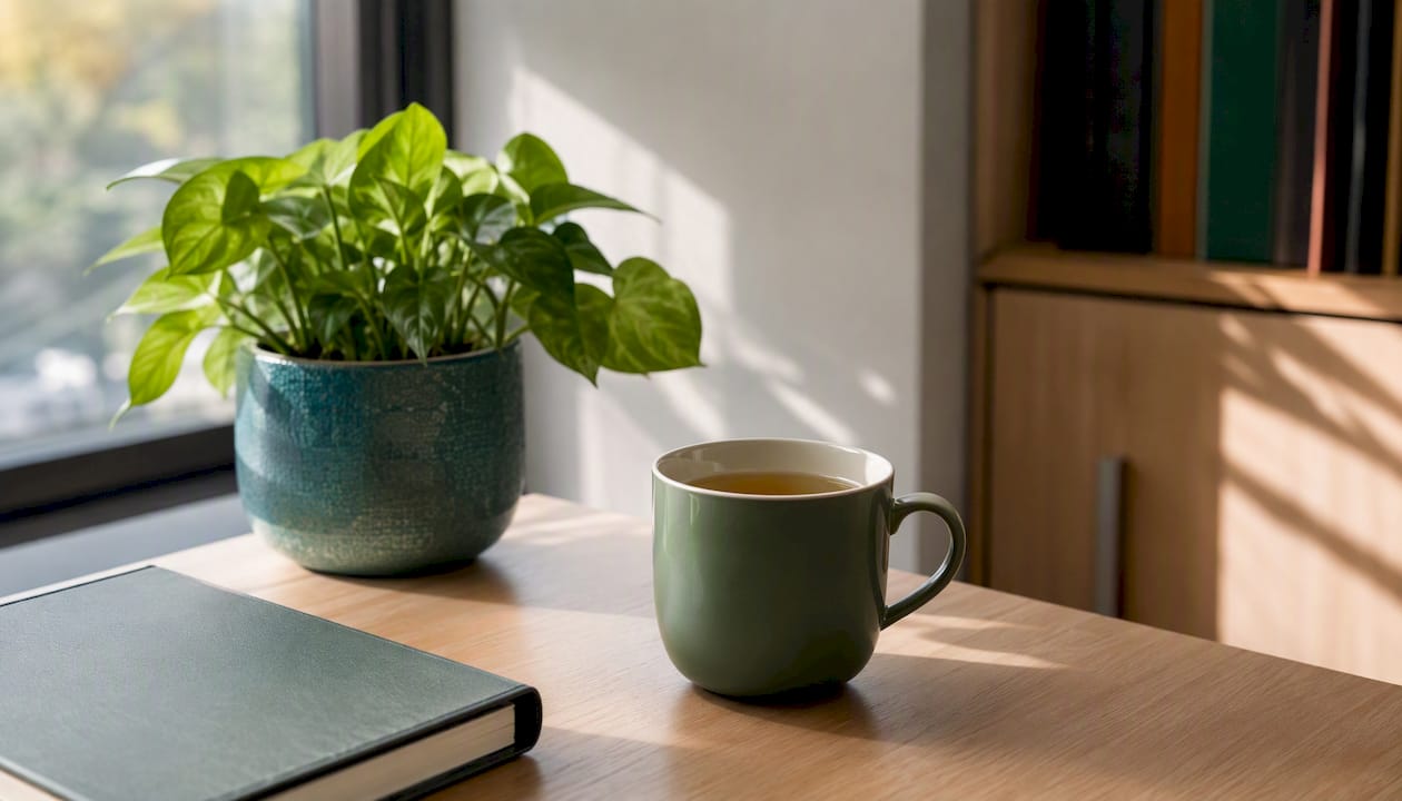 Tea cup and legal binder in calm office