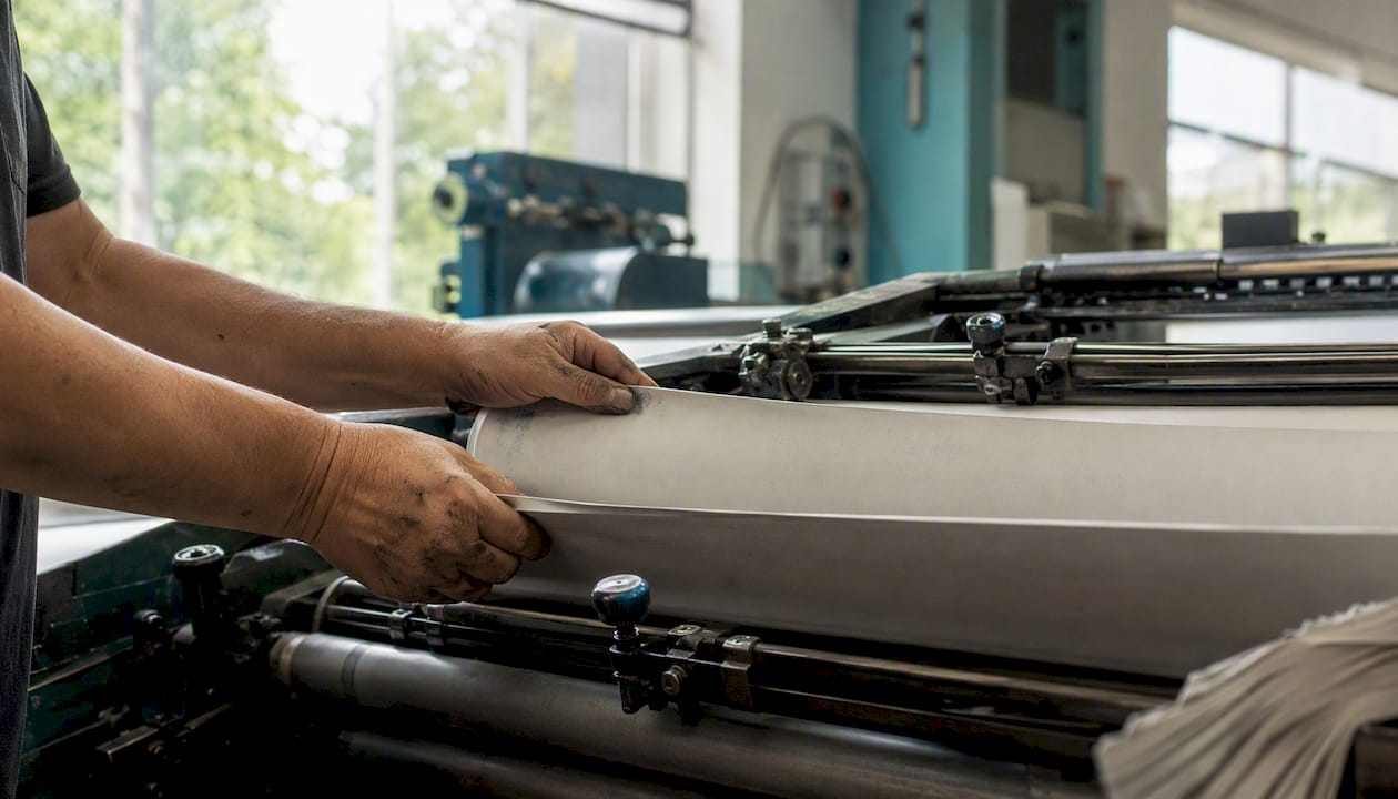 Hands feeding paper in local newspaper press