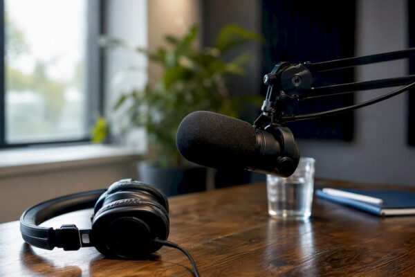 Podcast studio microphone and headphones