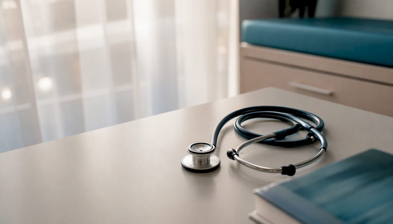 Stethoscope and medical book on clinic desk