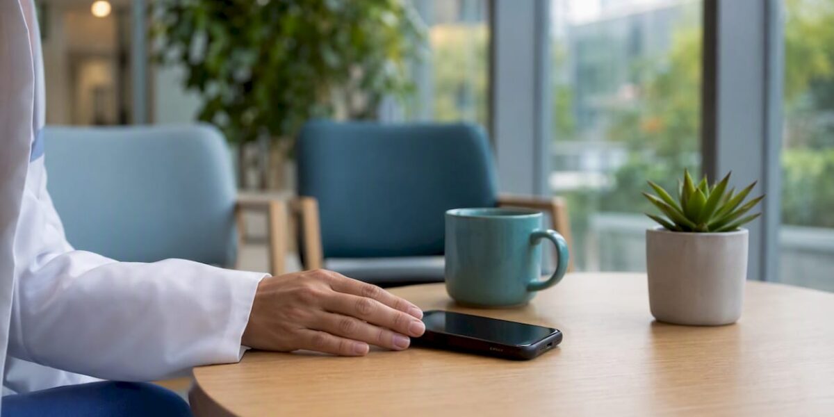 Smartphone on desk with healthcare elements