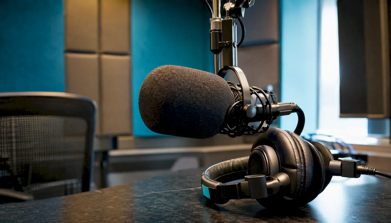 Radio microphone and headphones close-up