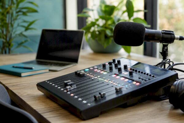 Audio mixer and microphone on desk